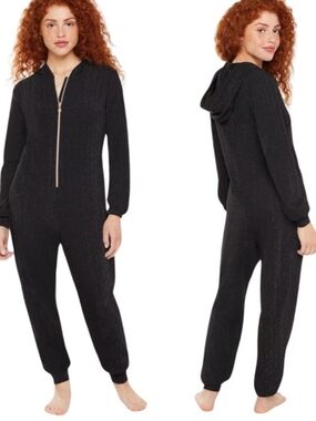 Savage X Fenty Black Hooded Zip-Front Jumpsuit Glitter XL